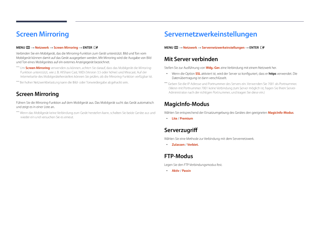 Samsung LH22DBDPSGC/EN manual Screen Mirroring, Servernetzwerkeinstellungen 