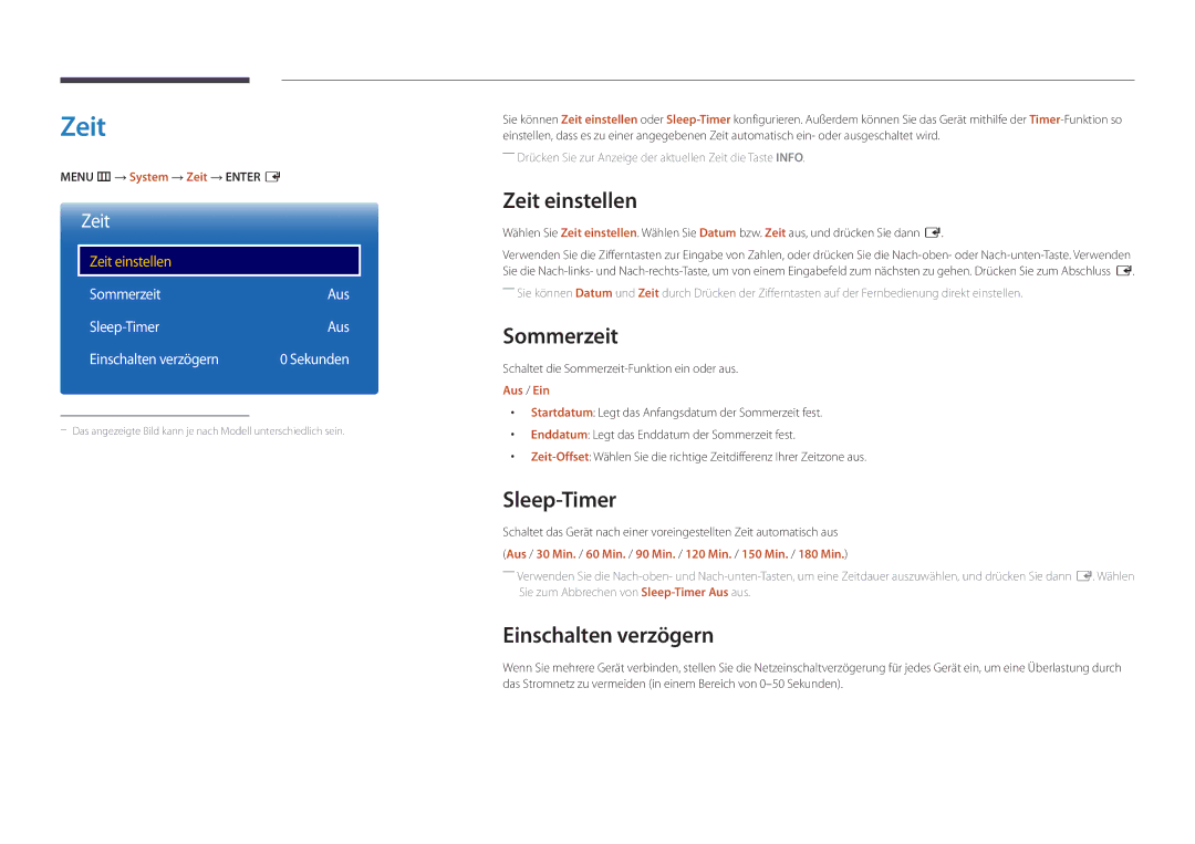 Samsung LH22DBDPSGC/EN manual Zeit einstellen, Sommerzeit, Sleep-Timer, Einschalten verzögern 