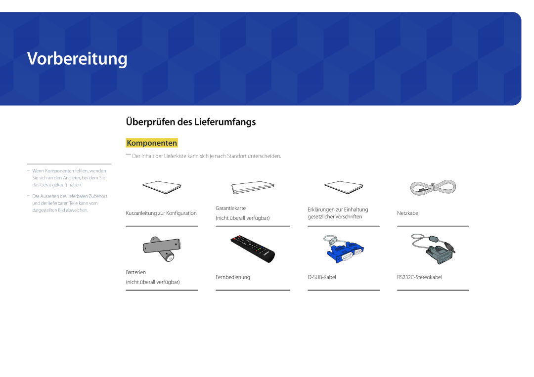 Samsung LH22DBDPSGC/EN manual Vorbereitung, Überprüfen des Lieferumfangs, Komponenten, Fernbedienung 