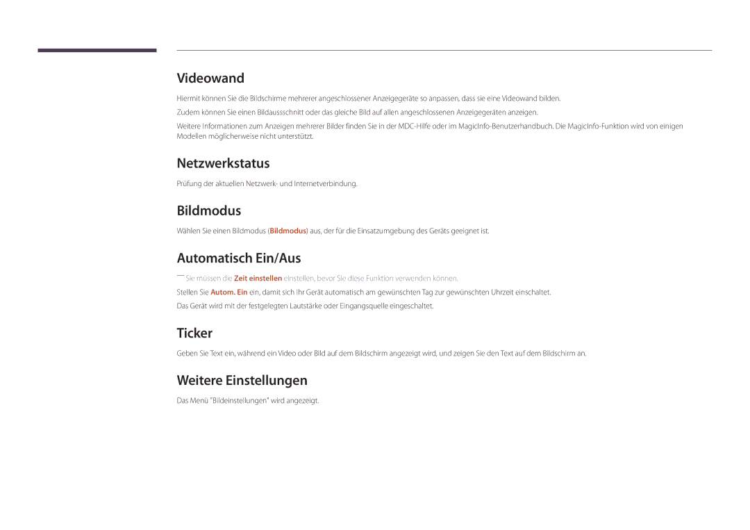 Samsung LH22DBDPSGC/EN manual Netzwerkstatus, Bildmodus, Automatisch Ein/Aus, Ticker, Weitere Einstellungen 