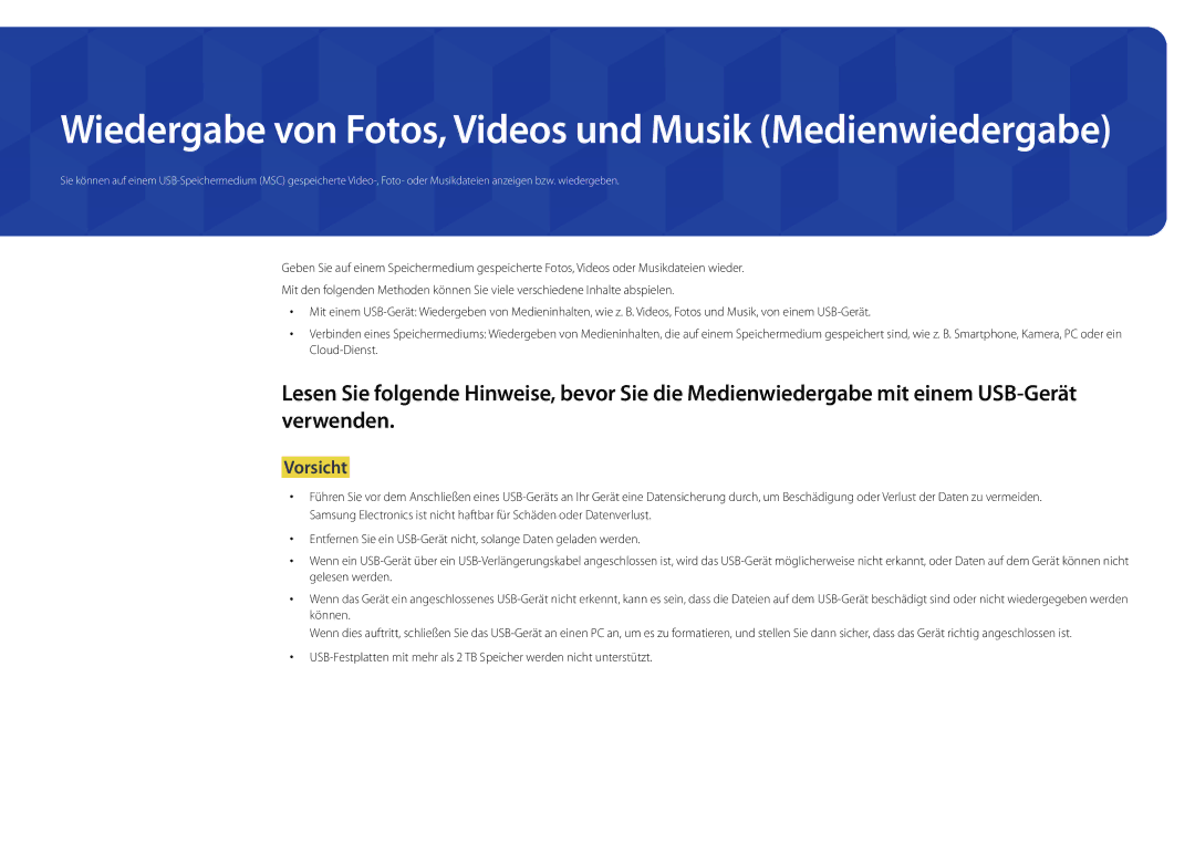 Samsung LH22DBDPSGC/EN manual Wiedergabe von Fotos, Videos und Musik Medienwiedergabe 