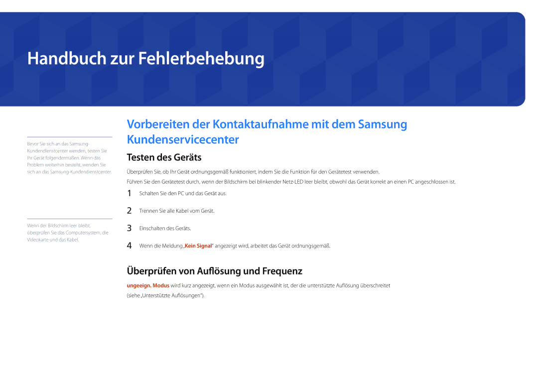 Samsung LH22DBDPSGC/EN manual Handbuch zur Fehlerbehebung, Testen des Geräts, Überprüfen von Auflösung und Frequenz 