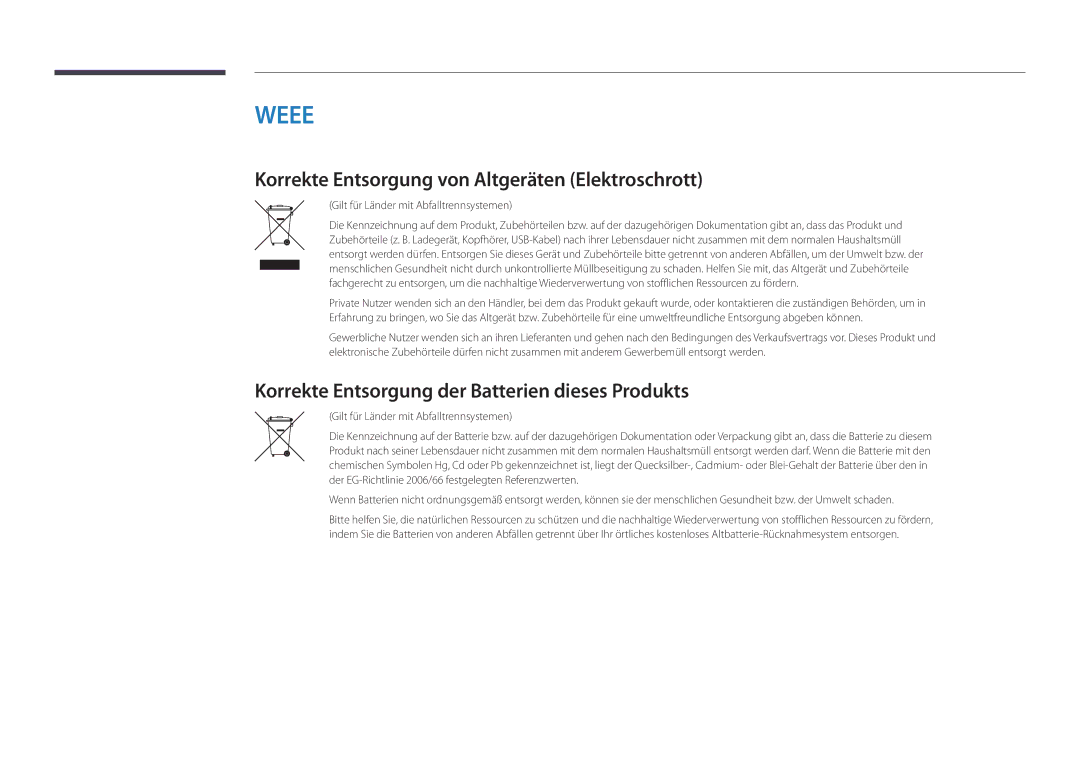 Samsung LH22DBDPSGC/EN manual Korrekte Entsorgung von Altgeräten Elektroschrott, Gilt für Länder mit Abfalltrennsystemen 