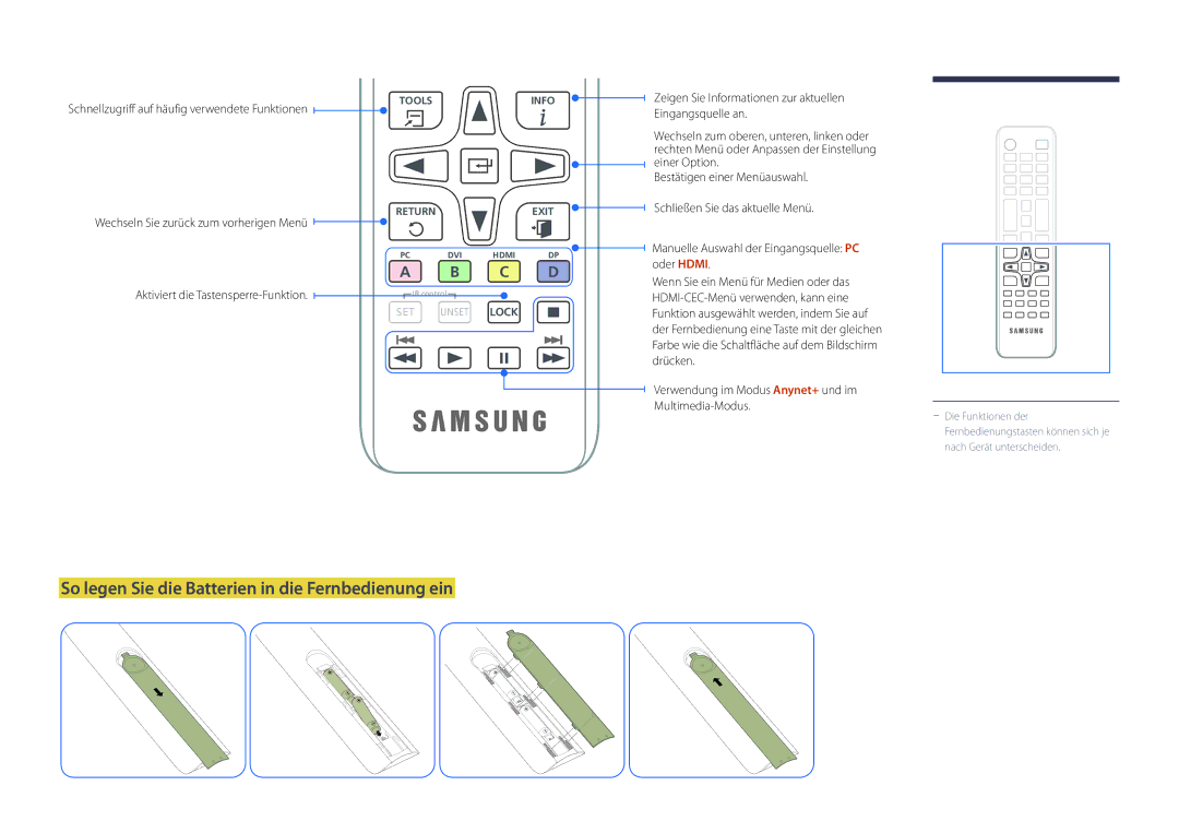 Samsung LH22DBDPSGC/EN manual So legen Sie die Batterien in die Fernbedienung ein 