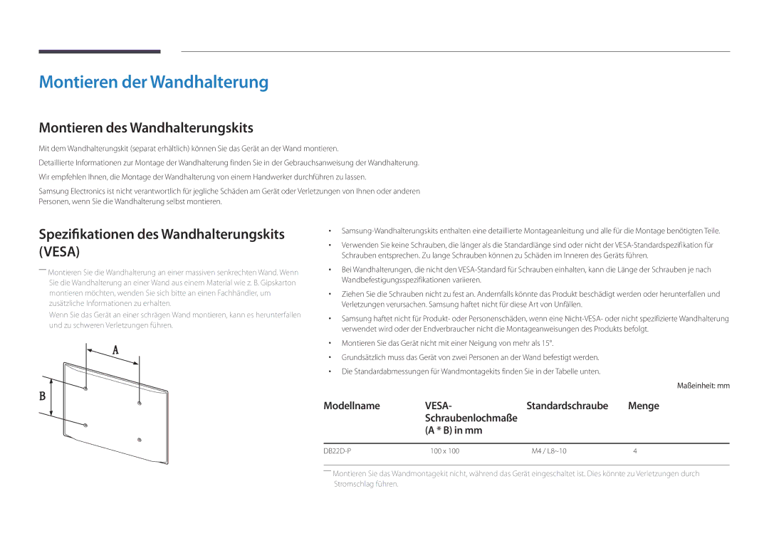 Samsung LH22DBDPSGC/EN manual Montieren der Wandhalterung, Montieren des Wandhalterungskits, Menge 