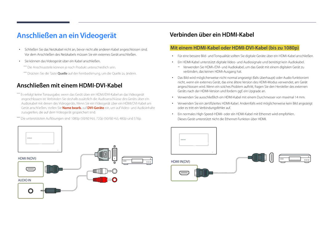 Samsung LH22DBDPSGC/EN manual Anschließen an ein Videogerät, Verbinden über ein HDMI-Kabel 