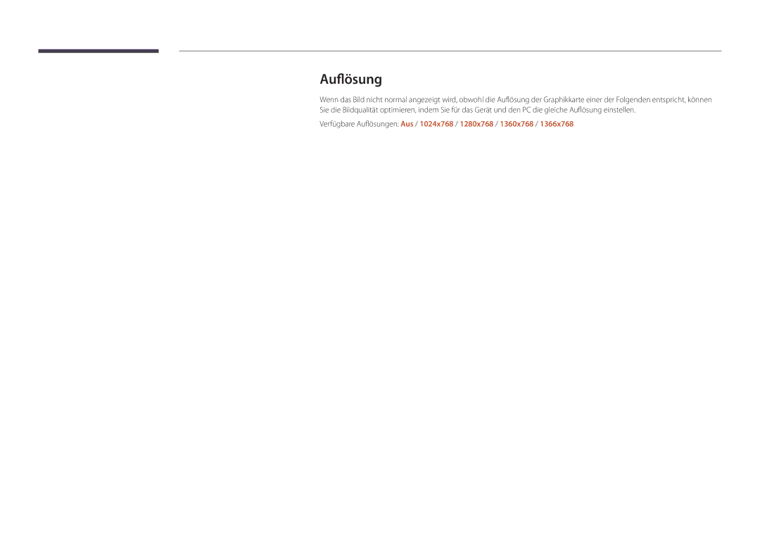 Samsung LH22DBDPSGC/EN manual Verfügbare Auflösungen Aus / 1024x768 / 1280x768 / 1360x768 