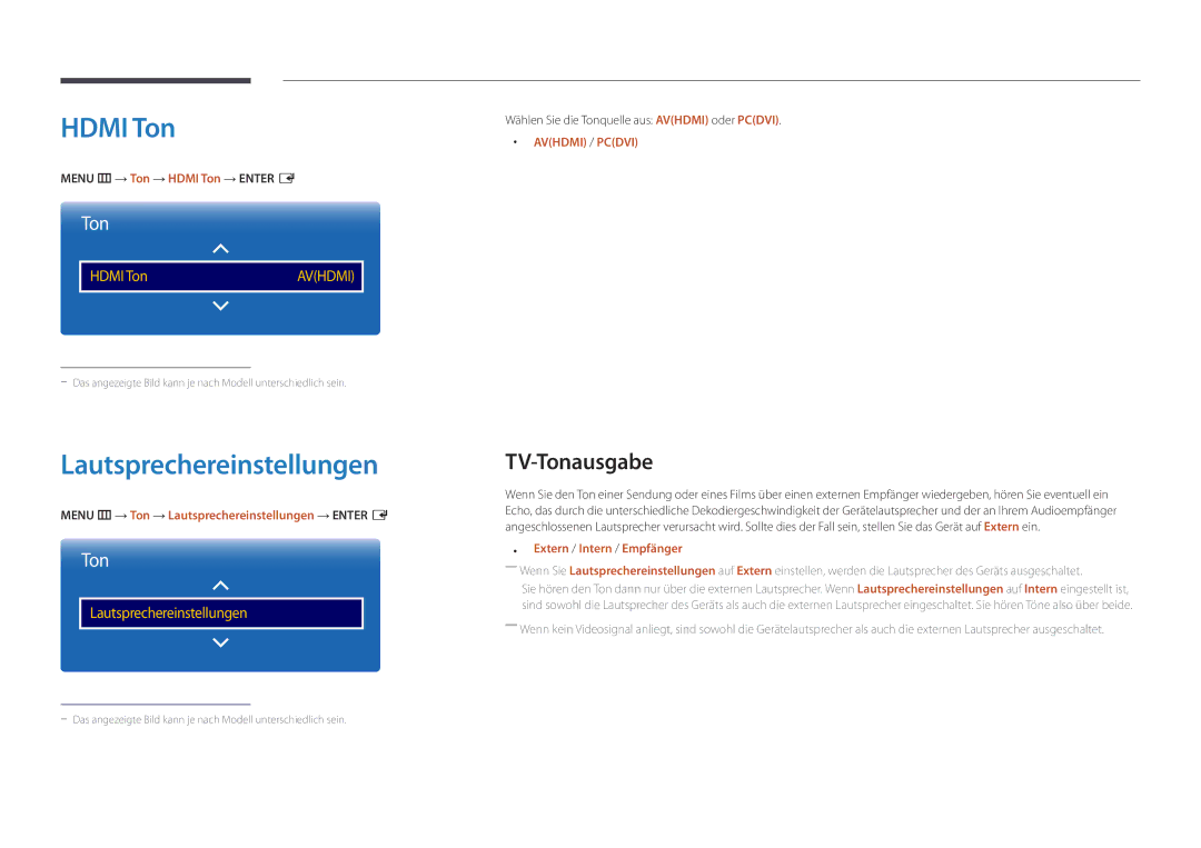 Samsung LH22DBDPSGC/EN manual Lautsprechereinstellungen, TV-Tonausgabe, Menu m → Ton → Hdmi Ton → Enter E 