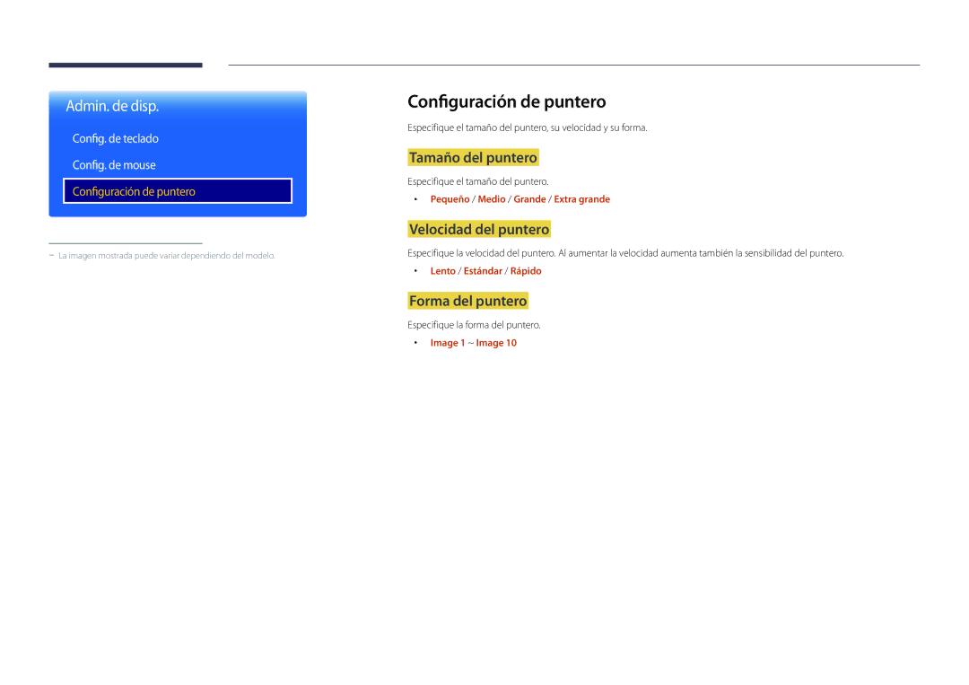 Samsung LH22DBDPSGC/EN manual Configuración de puntero, Tamaño del puntero, Velocidad del puntero, Forma del puntero 