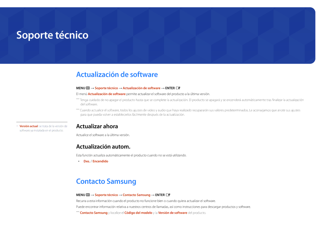 Samsung LH22DBDPSGC/EN Soporte técnico, Actualización de software, Contacto Samsung, Actualizar ahora, Actualización autom 