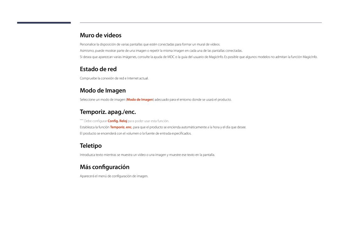 Samsung LH22DBDPSGC/EN manual Estado de red, Modo de Imagen, Temporiz. apag./enc, Teletipo, Más configuración 