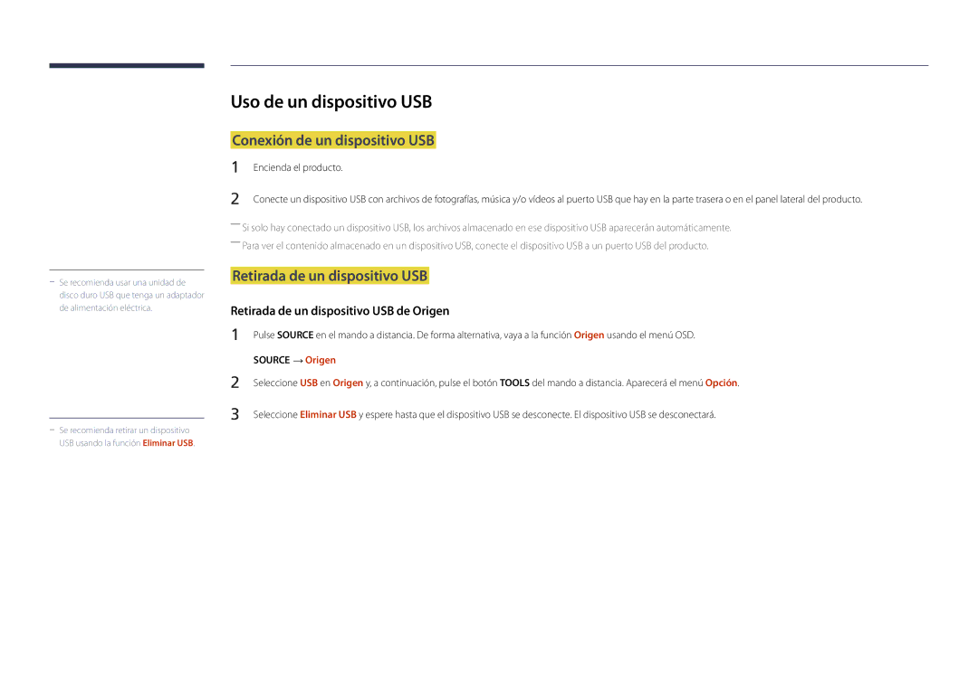 Samsung LH22DBDPSGC/EN manual Uso de un dispositivo USB, Conexión de un dispositivo USB, Retirada de un dispositivo USB 