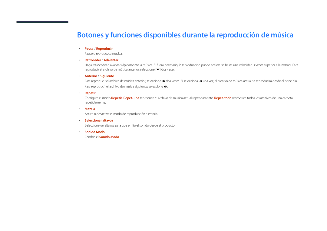 Samsung LH22DBDPSGC/EN manual Pause o reproduzca música, Mezcla, Active o desactive el modo de reproducción aleatoria 