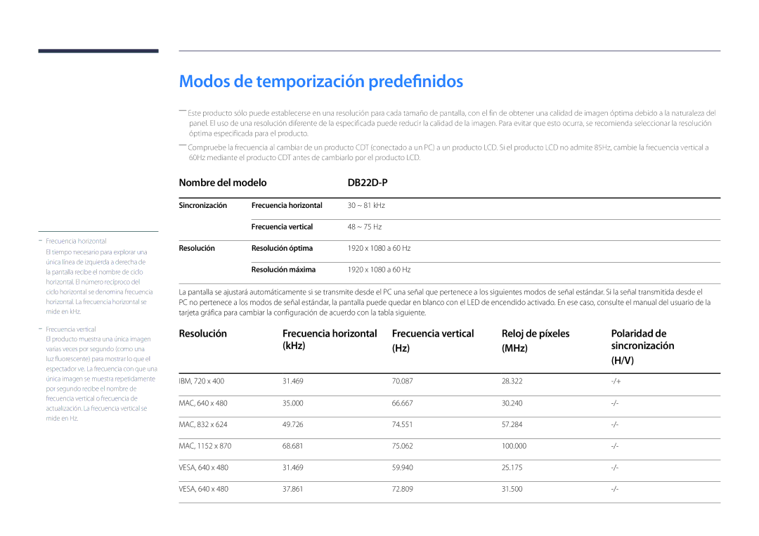 Samsung LH22DBDPSGC/EN manual Modos de temporización predefinidos, Reloj de píxeles Polaridad de KHz MHz Sincronización 