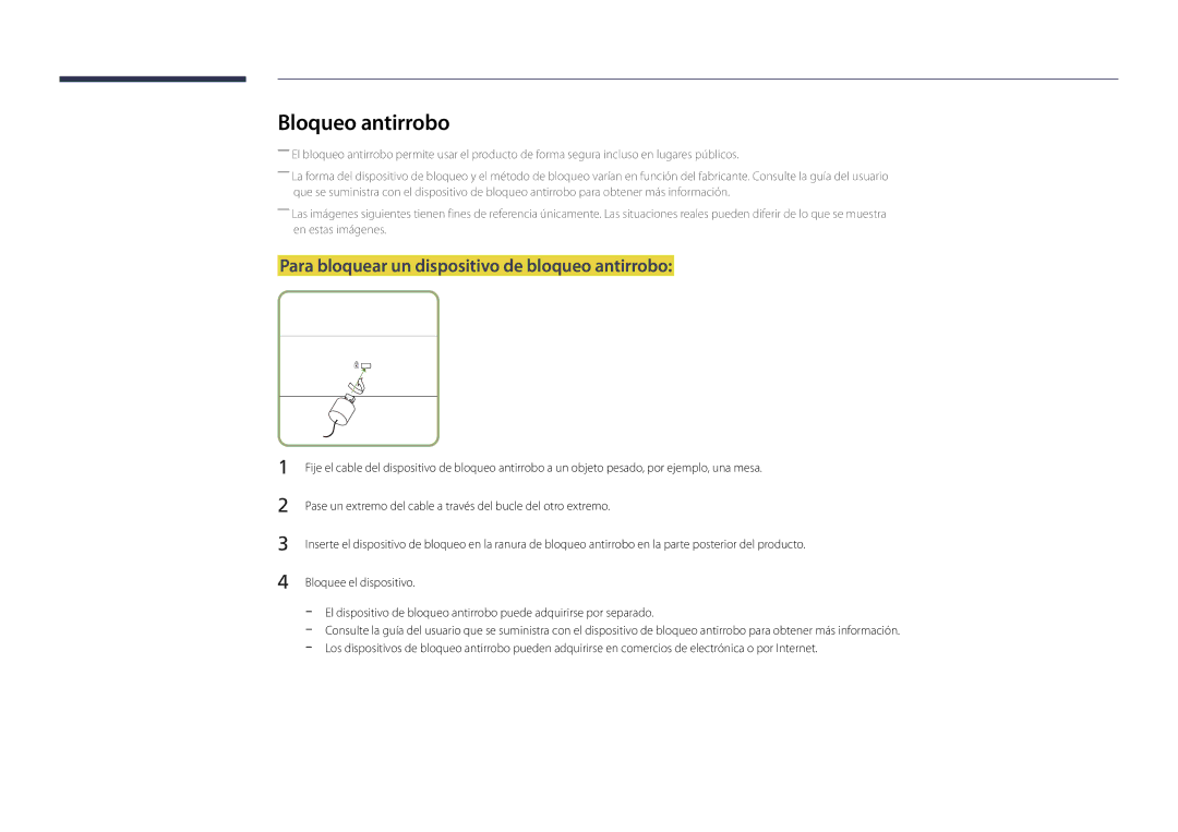 Samsung LH22DBDPSGC/EN manual Bloqueo antirrobo, Para bloquear un dispositivo de bloqueo antirrobo 