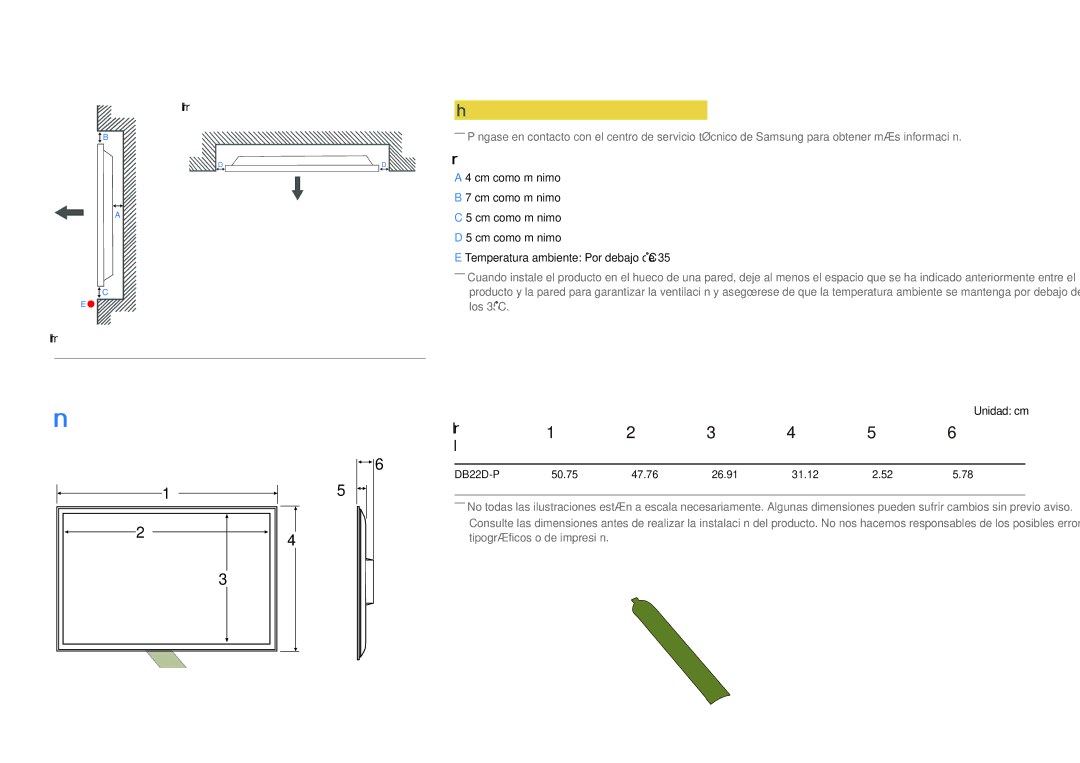 Samsung LH22DBDPSGC/EN manual Dimensiones, Instalación en un hueco en la pared, Vista superior, Modelo, Unidad cm 