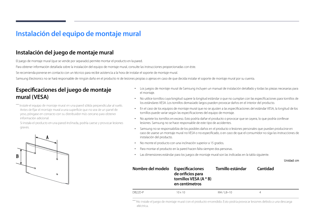 Samsung LH22DBDPSGC/EN manual Instalación del equipo de montaje mural, Instalación del juego de montaje mural 