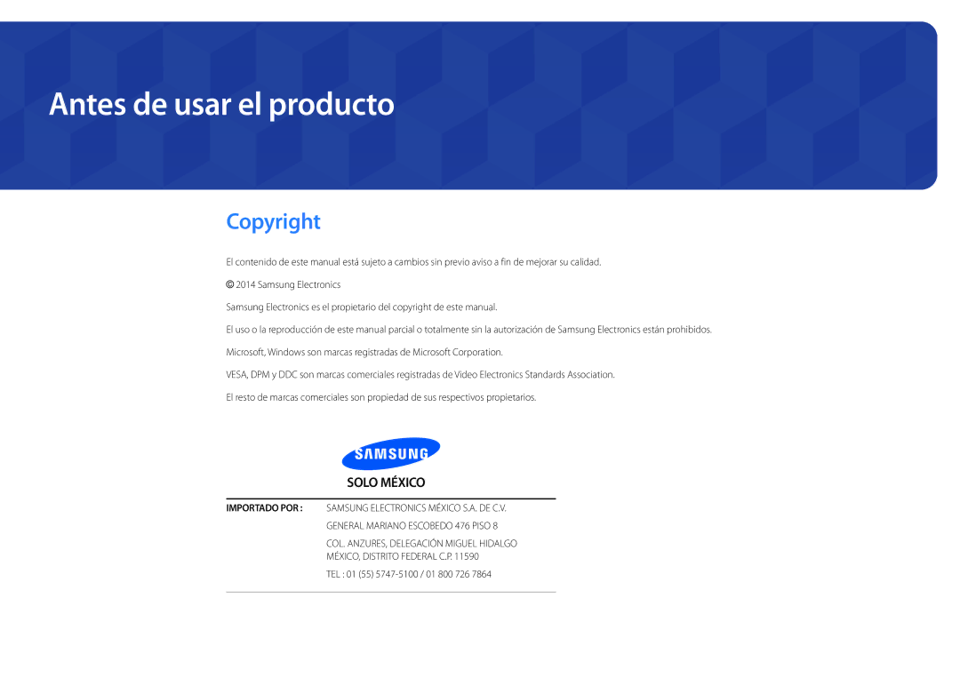 Samsung LH22DBDPSGC/EN manual Antes de usar el producto, Copyright, TEL 01 55 5747-5100 / 01 800 726 