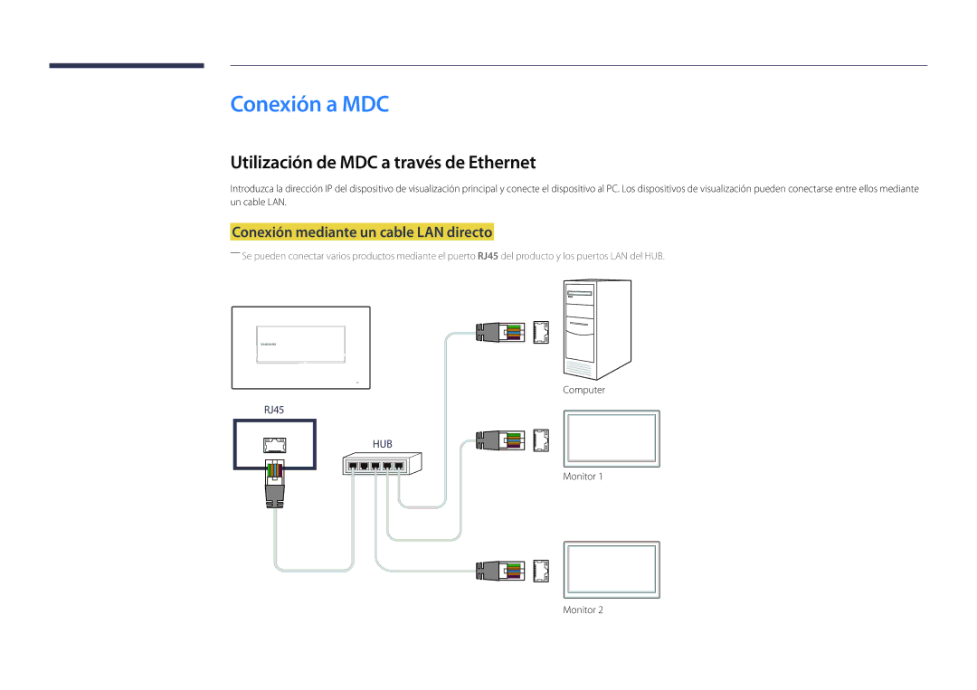 Samsung LH22DBDPSGC/EN Conexión a MDC, Utilización de MDC a través de Ethernet, Conexión mediante un cable LAN directo 