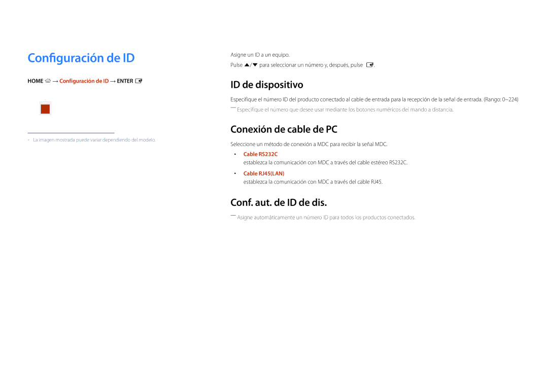 Samsung LH22DBDPSGC/EN manual Configuración de ID, ID de dispositivo, Conexión de cable de PC, Conf. aut. de ID de dis 