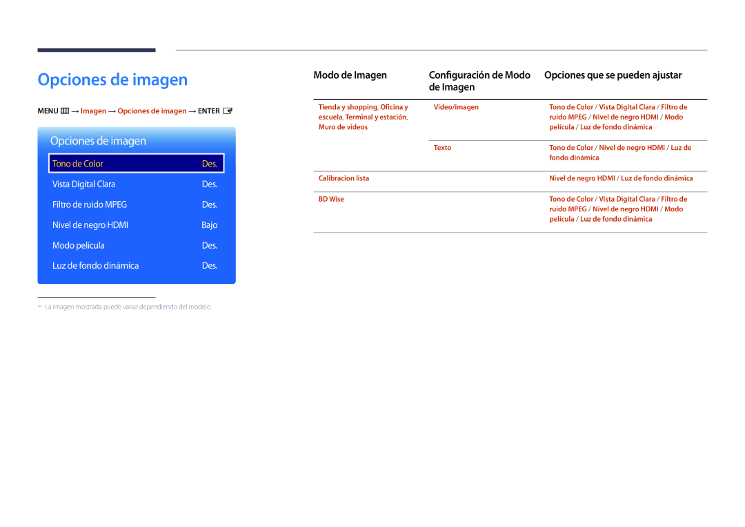 Samsung LH22DBDPSGC/EN manual Opciones de imagen 