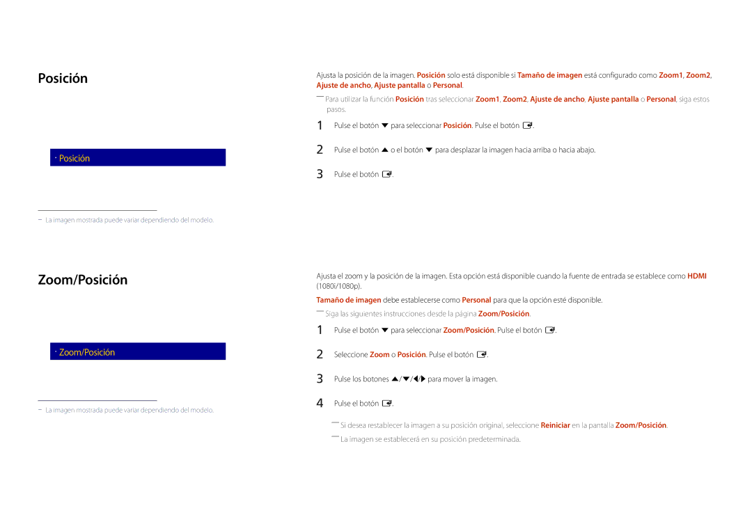 Samsung LH22DBDPSGC/EN manual Zoom/Posición, Tamaño de imagen 