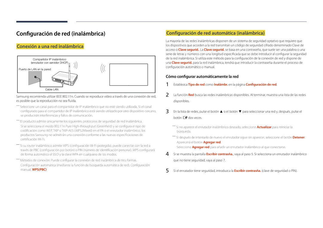 Samsung LH22DBDPSGC/EN manual Configuración de red inalámbrica, Configuración de red automática inalámbrica, Disponibles 