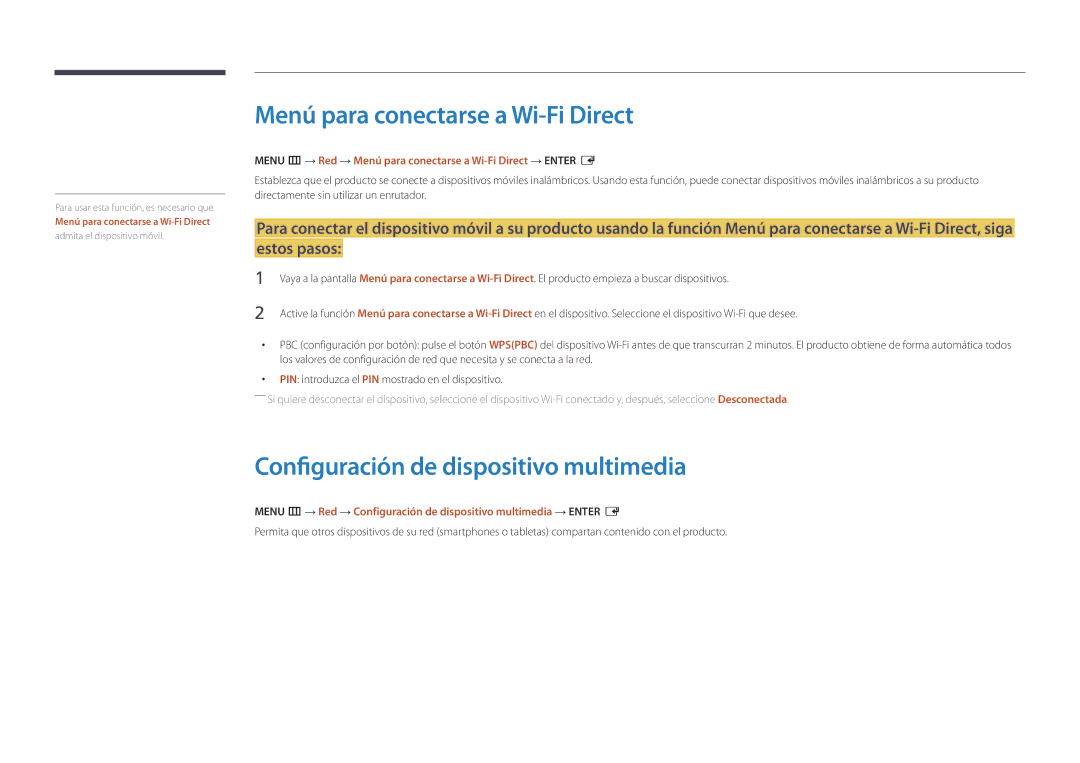 Samsung LH22DBDPSGC/EN manual Menú para conectarse a Wi-Fi Direct, Configuración de dispositivo multimedia 