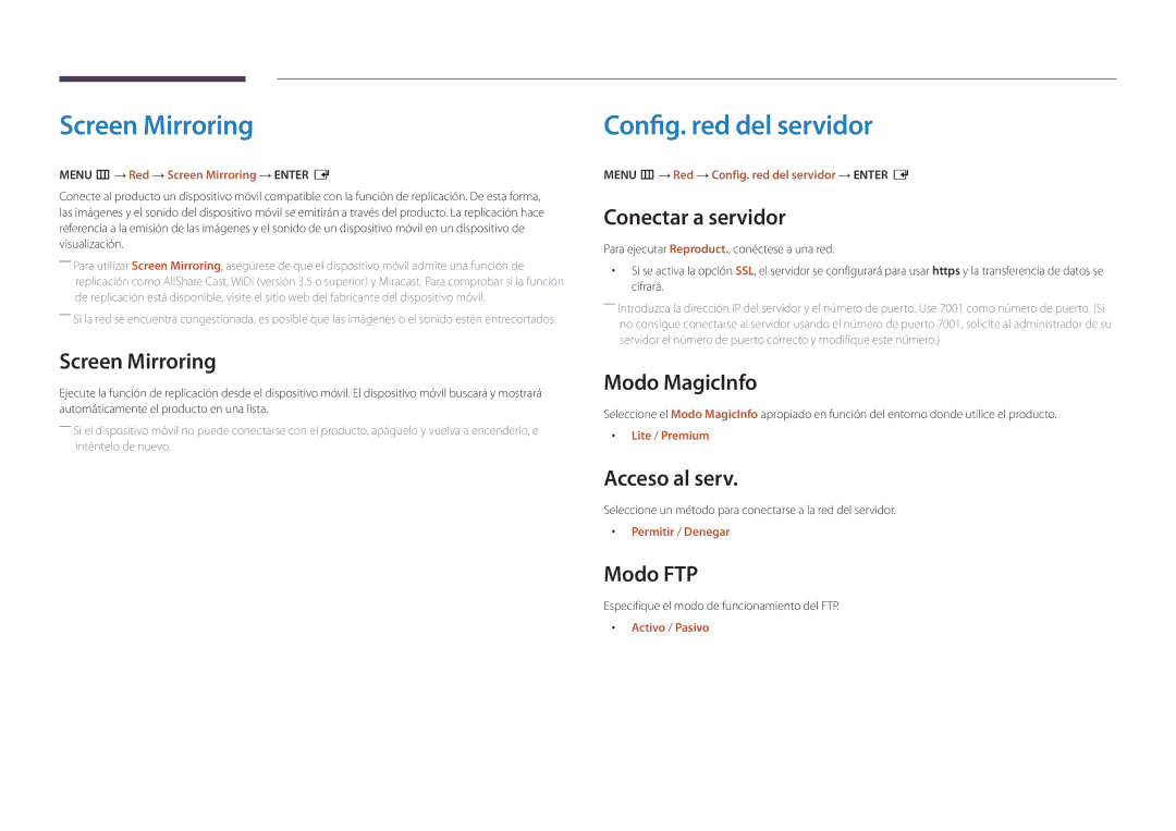 Samsung LH22DBDPSGC/EN manual Screen Mirroring, Config. red del servidor 