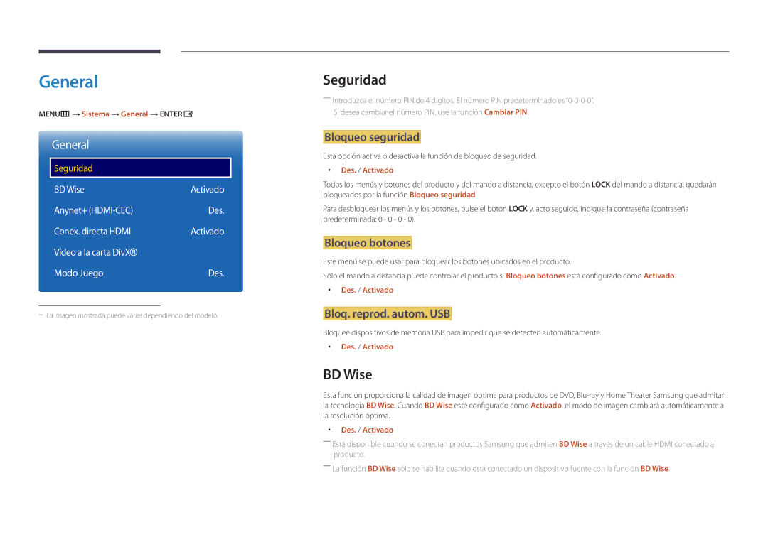 Samsung LH22DBDPSGC/EN manual General, Seguridad, BD Wise 