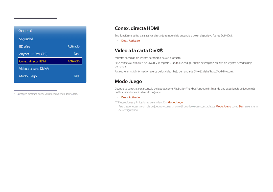 Samsung LH22DBDPSGC/EN manual Conex. directa Hdmi, Vídeo a la carta DivX, Modo Juego, Anynet+ HDMI-CEC Des 