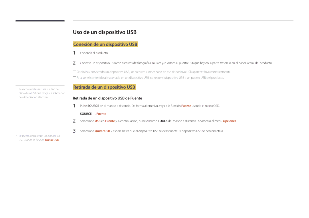 Samsung LH22DBDPSGC/EN manual Uso de un dispositivo USB, Conexión de un dispositivo USB, Retirada de un dispositivo USB 