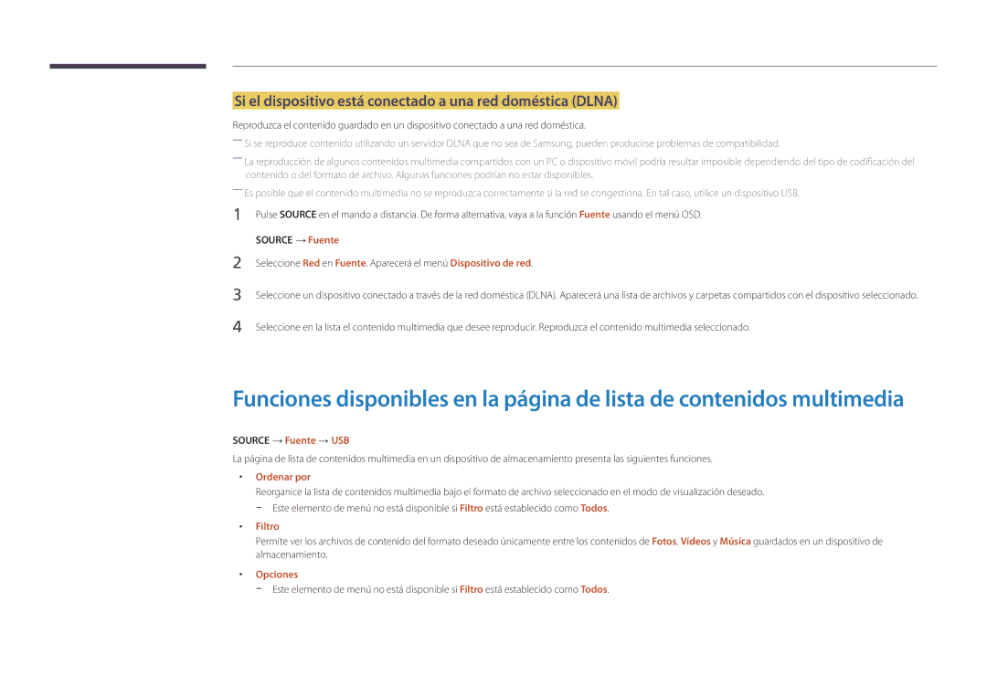 Samsung LH22DBDPSGC/EN manual Si el dispositivo está conectado a una red doméstica Dlna, Source → Fuente → USB, Filtro 