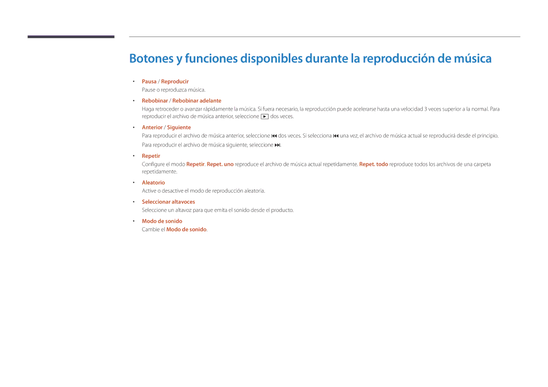 Samsung LH22DBDPSGC/EN manual Pause o reproduzca música, Active o desactive el modo de reproducción aleatoria 