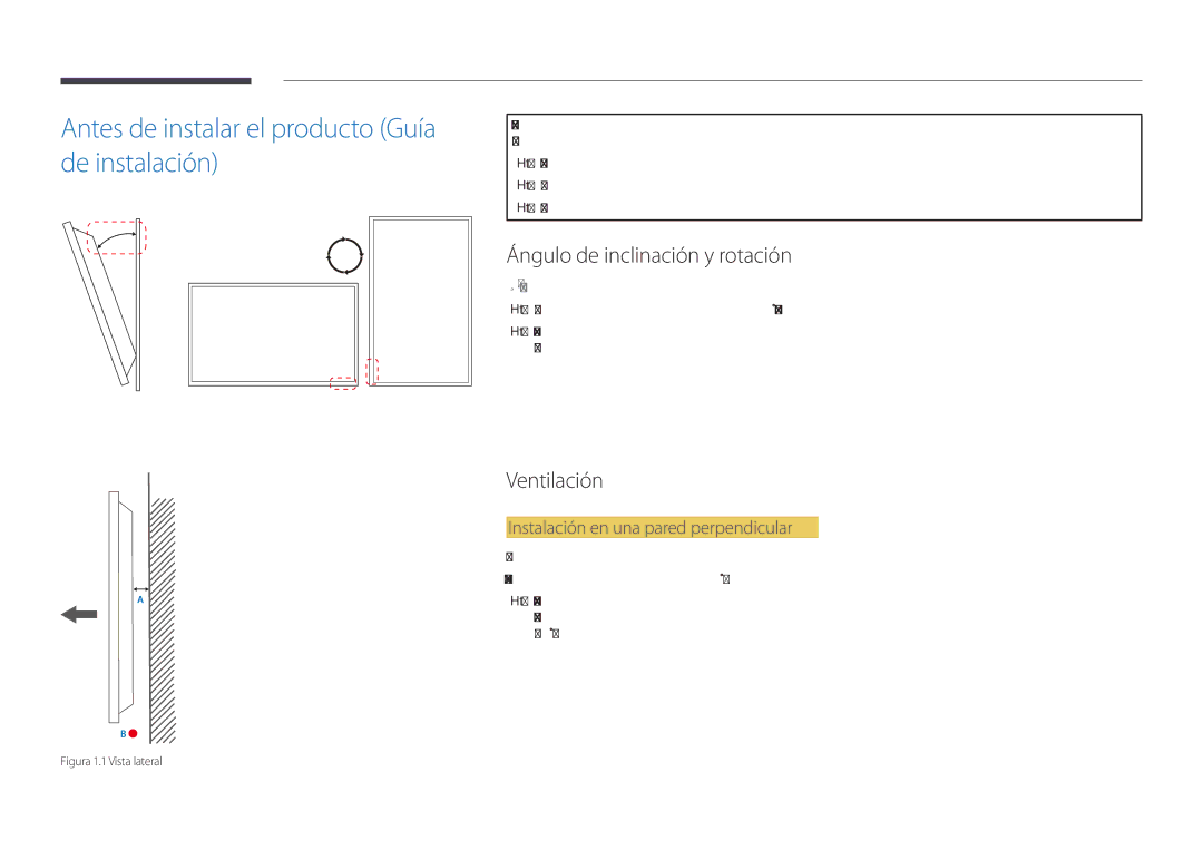 Samsung LH22DBDPSGC/EN Antes de instalar el producto Guía de instalación, Ángulo de inclinación y rotación, Ventilación 