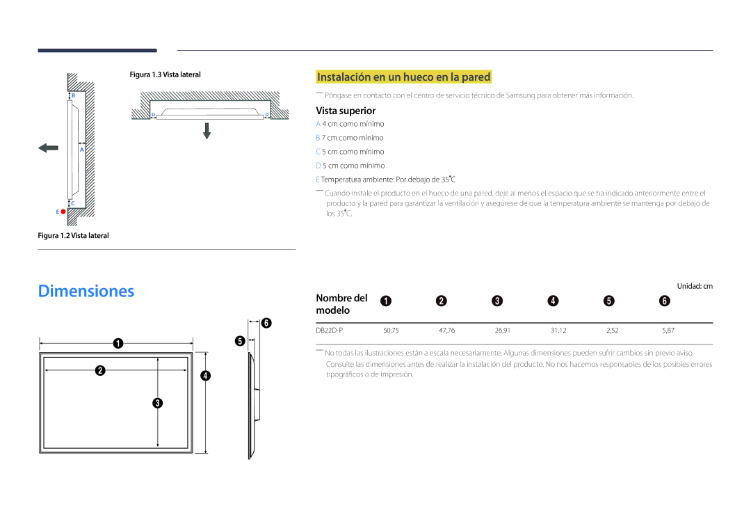 Samsung LH22DBDPSGC/EN manual Dimensiones, Instalación en un hueco en la pared, Vista superior, Modelo, Unidad cm 