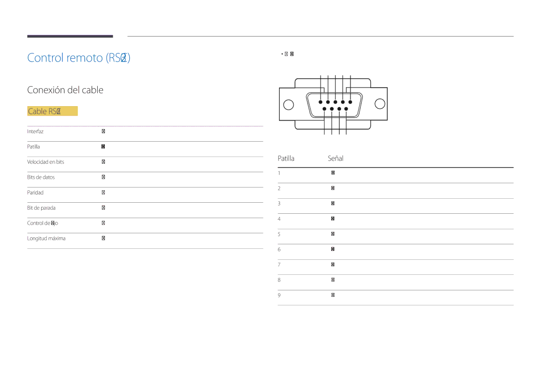 Samsung LH22DBDPSGC/EN Control remoto RS232C, Conexión del cable, Cable RS232C, Patilla Señal, Asignación de patillas 