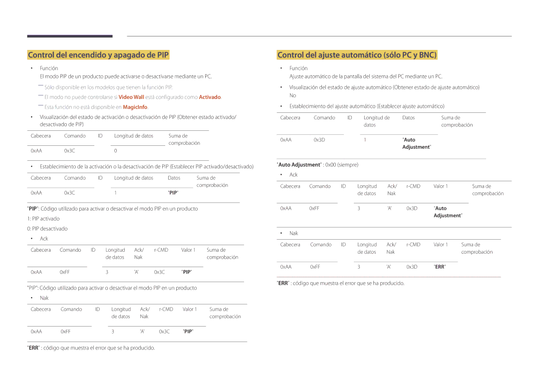 Samsung LH22DBDPSGC/EN manual Control del encendido y apagado de PIP, Control del ajuste automático sólo PC y BNC, Función 