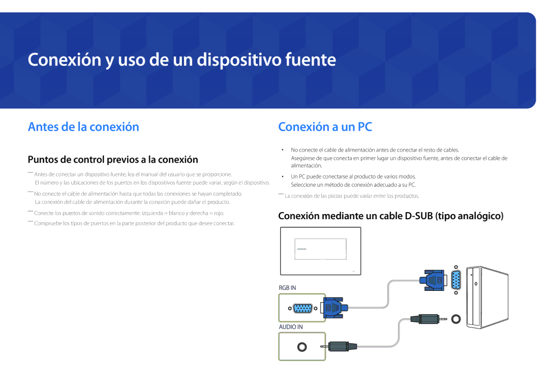 Samsung LH22DBDPSGC/EN manual Conexión y uso de un dispositivo fuente, Antes de la conexión 