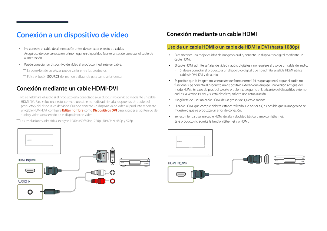 Samsung LH22DBDPSGC/EN Conexión a un dispositivo de vídeo, Conexión mediante un cable Hdmi, Cables HDMI-DVI y de audio 