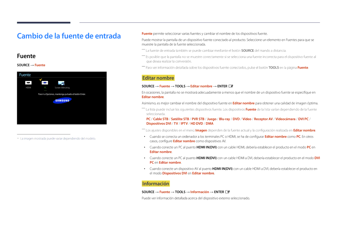 Samsung LH22DBDPSGC/EN manual Cambio de la fuente de entrada, Fuente, Editar nombre, Información 