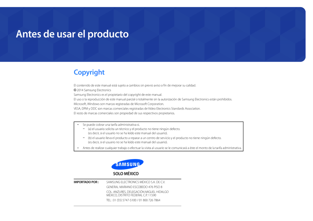 Samsung LH22DBDPSGC/EN manual Antes de usar el producto, Copyright, Se puede cobrar una tarifa administrativa si 