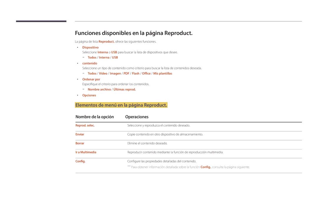 Samsung LH22DBDPSGC/EN manual Funciones disponibles en la página Reproduct, Elementos de menú en la página Reproduct 