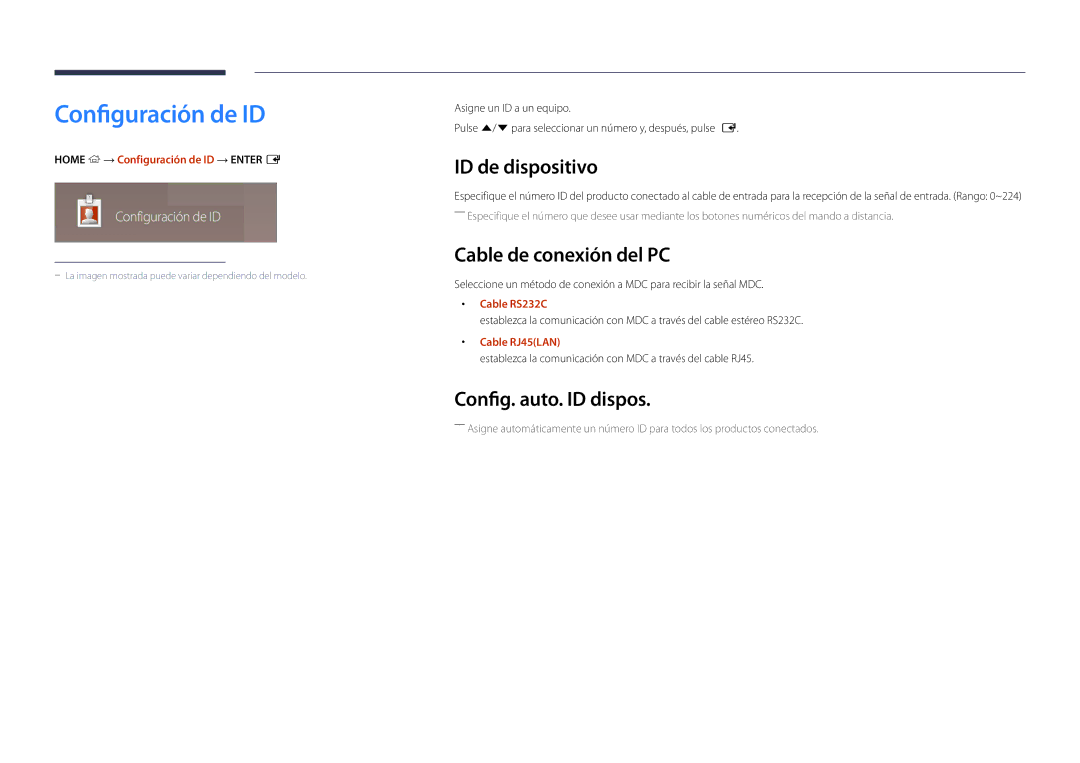 Samsung LH22DBDPSGC/EN manual Configuración de ID, ID de dispositivo, Cable de conexión del PC, Config. auto. ID dispos 