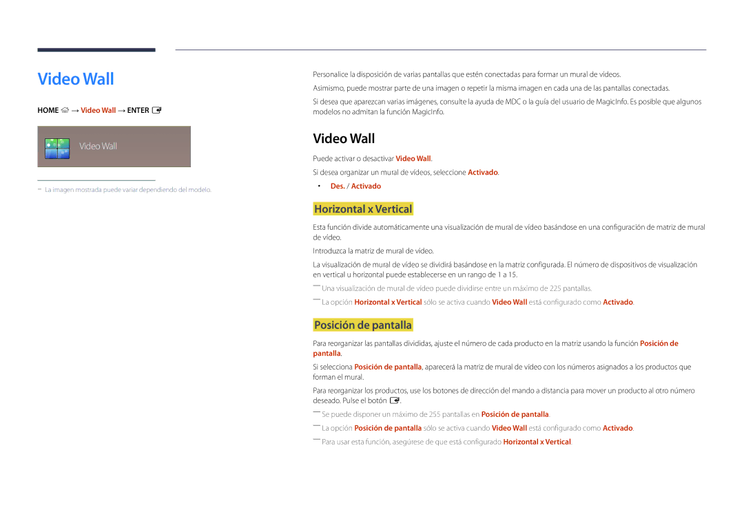 Samsung LH22DBDPSGC/EN manual Video Wall, Horizontal x Vertical, Posición de pantalla 