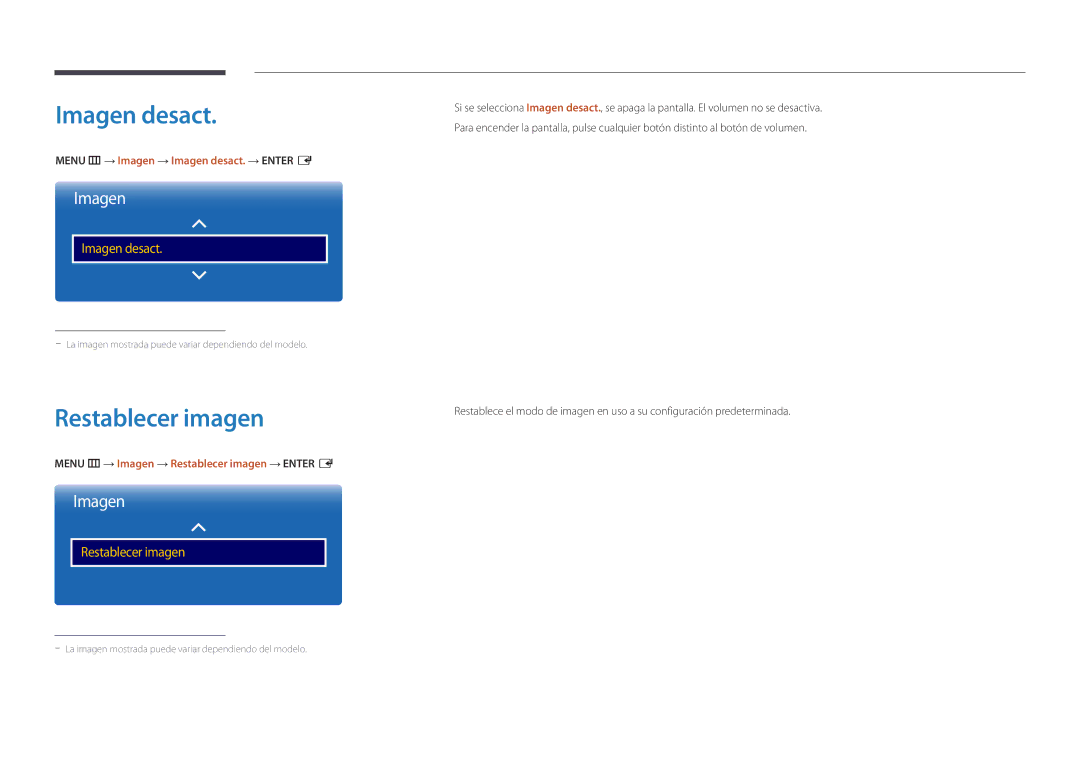 Samsung LH22DBDPSGC/EN manual Restablecer imagen, Menu m → Imagen → Imagen desact. → Enter E 