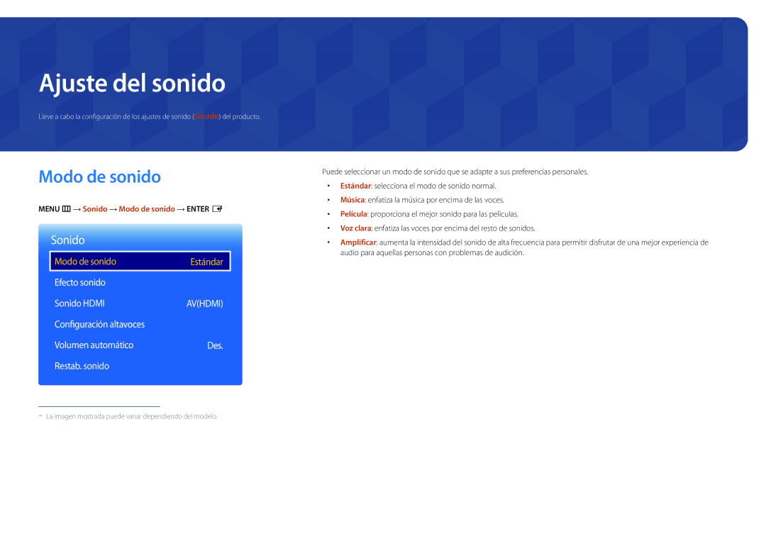 Samsung LH22DBDPSGC/EN manual Ajuste del sonido, Modo de sonido, Efecto sonido Sonido Hdmi 