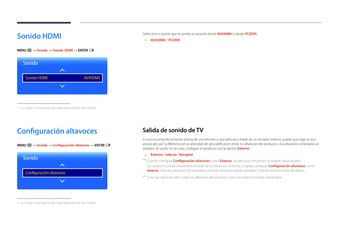 Samsung LH22DBDPSGC/EN manual Sonido Hdmi, Configuración altavoces, Salida de sonido de TV 