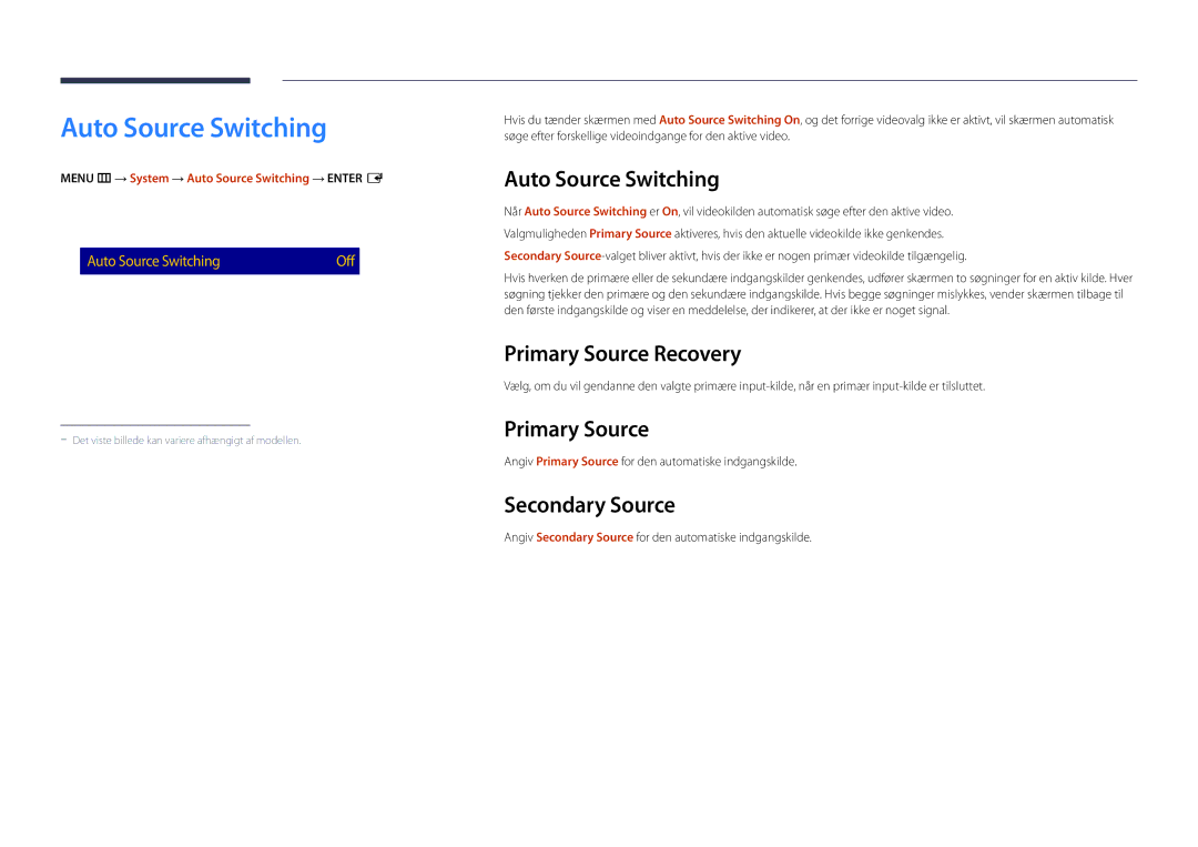 Samsung LH22DBDPSGC/EN manual Auto Source Switching, Primary Source Recovery, Secondary Source 