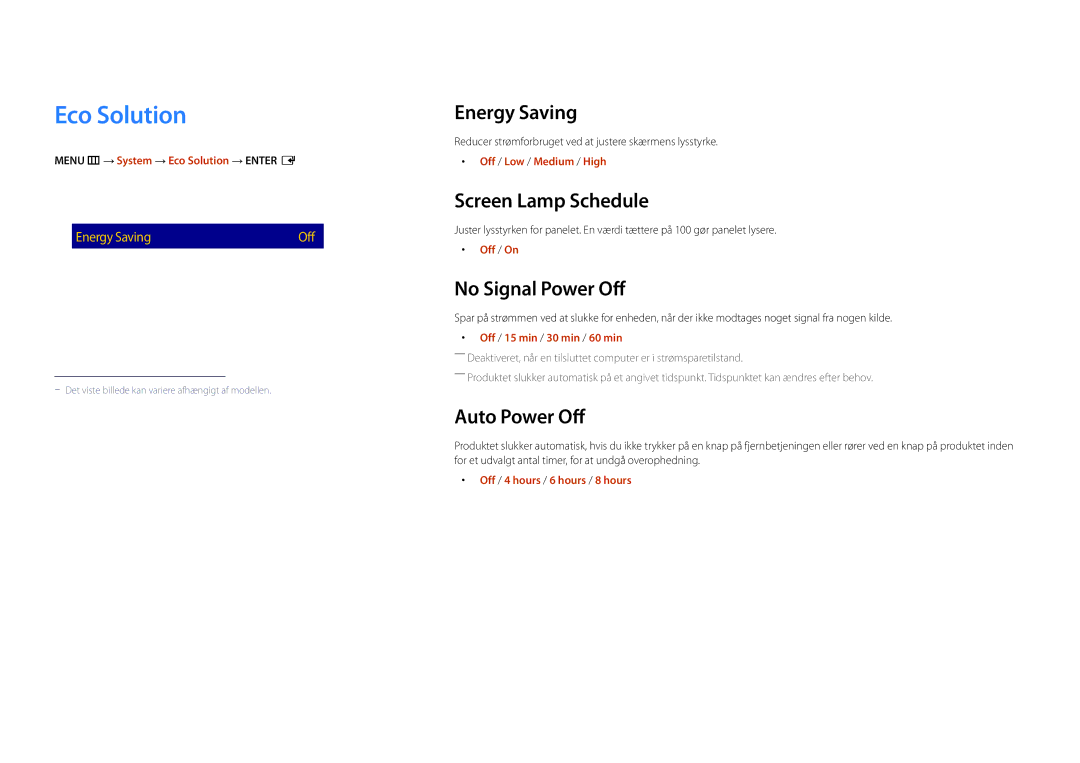 Samsung LH22DBDPSGC/EN manual Eco Solution, Energy Saving, Screen Lamp Schedule, No Signal Power Off, Auto Power Off 